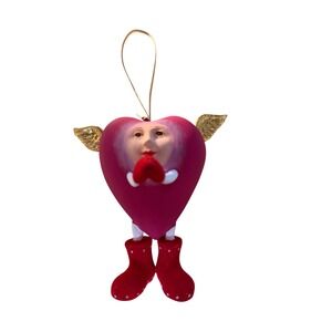 Patience Brewster Krinkles Heart Angel Ornament Pink Red Polka Dot Boots 5.5"
